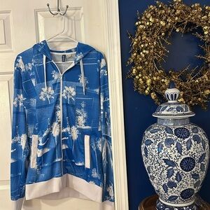 Men’s Divided by H&M Blue & White Light Weight Hooded Zip Up Jacket Size Large